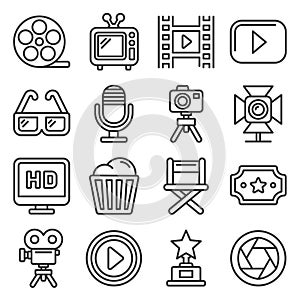 Cinema and Movie Icons Set on White Background. Line Style Vector