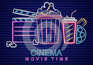 Cinema movie neon symbol Vector. Glowing sign dark background. Shinning billboard templates