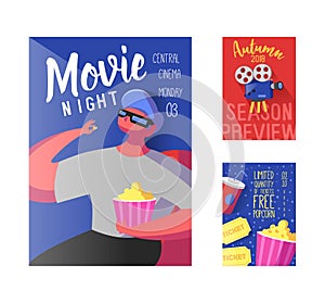 Cinema Movie Poster, Banner, Placard Template. Film Reel, Tickets, Pop Corn and Flat Character