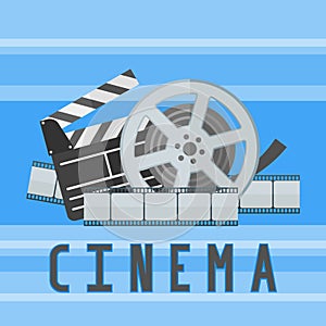 Cinema movie poster template with film reel, strip and clapper board.