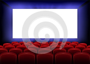 Cinema movie premiere poster design with empty white screen. Realistic cinema hall interior with red seats. Vector