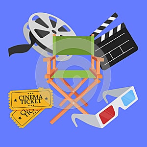 Cinema movie set vector icons. cinema film director objects illustration. cinema elements icon vector