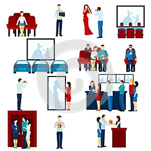 Cinema movie theater flat icons set