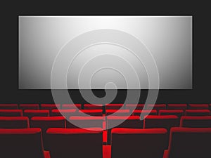 Cinema movie theatre with red seats and a blank white screen