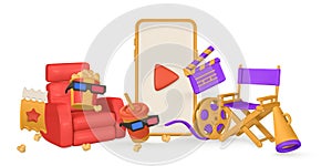 Cinema and Movie time. Banner with phone, film reel, director chair, loudspeaker, clapperboard, bucket of popcorn, armchair,