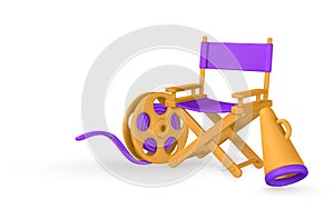 Cinema and Movie time. Film reel, director chair, loudspeaker in plastic cartoon style. Vector illustration photo