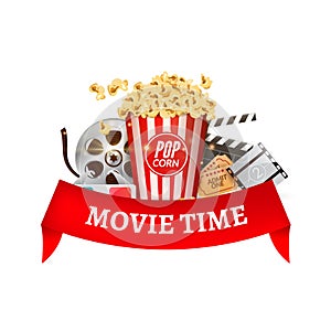 Cinema movie vector poster design template. Popcorn, filmstrip, clapboard, tickets. Movie time background banner with red ribbon