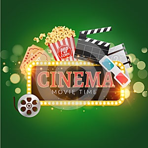 Cinema movie vector poster design template. Popcorn, filmstrip, clapboard, tickets. Movie time background banner shining sign