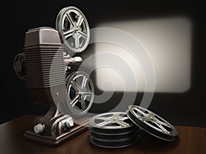 Cinema, movie or video concept. Vintage projector with projecting blank and reels of film.