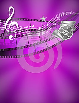 Cinema music abstract background , treble clef, musical notes, film reels, star, vector illustration