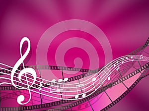 Cinema and music background filmstrips and treble clef with sound notes, soundtrack background with waving musical lines and