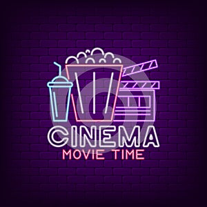 Cinema neon sign. Night Movie Time bright neon signboard, cinema logo. Vector.