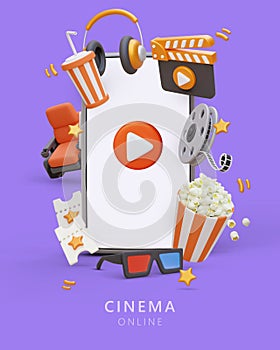 Cinema online. Bright poster with frame of 3D elements. Huge smartphone with empty screen