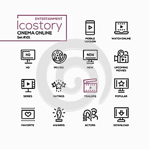 Cinema online - vector line design style icons set