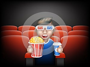 Cinema Pall 3D Glasses Big Popcorn Soda Water Male Guy Man Boy Character Sit Armchair Realistic Cartoon Flat Design photo