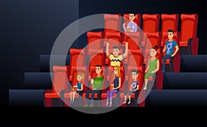 Cinema. People sitting in chairs at movie theater auditorium. Young and old men, women and children watching film or