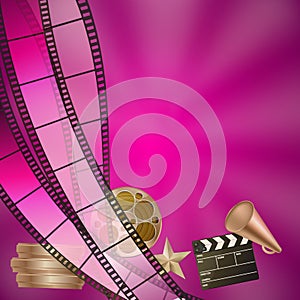 Cinema pink background clapper, rolls, star and filmstrips. vector illustration