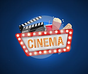 Cinema poster design template. Movie concept banner design  Movie time background banner shining sign.