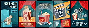 Cinema poster. Night film movies, popcorn and retro movie posters template vector illustration set