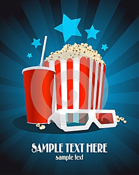 Cinema poster with snack and 3D glasses.