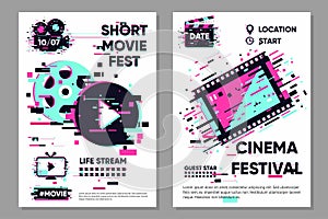 Cinema poster template. Vector banner with movie objects. Online video backdrop. Glitch style image with film. Color