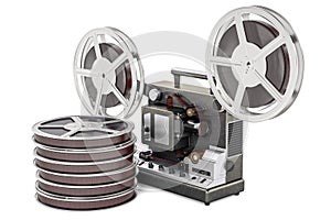 Cinema projector with movie reels. 3D rendering