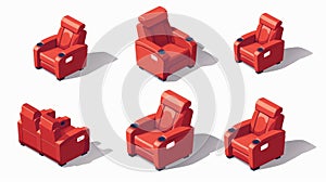 Cinema red armchair isometric icons isolated on white background. Movie industry element, spectator chairs, theatre