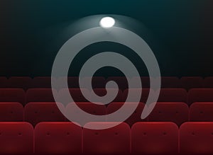 Cinema red chairs. Empty theater seats. Audience mockup