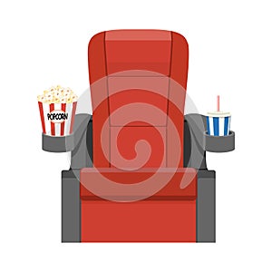 Cinema red velvet seats armchair with popcorn and soda