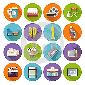 Cinema retro flat round icons set