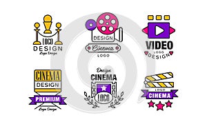 Cinema Retro Logo Design Templates Collection, Bright Original Vintage Cinematography Badges Vector Illustration