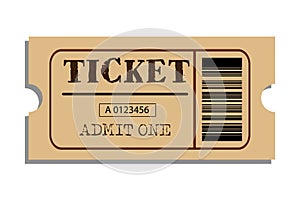 Cinema retro ticket with barcode. Movie ticket template. Realistic cinema theater admission pass mock up coupon. Vintage