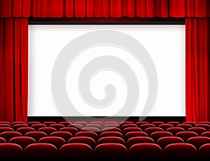 Cinema screen with red curtains and seats photo