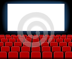 Cinema screen. Cinema with screen and seat. Theater hall with interior. Auditorium for movie, theatre. Empty stage for film. Red