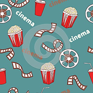 Cinema seamless pattern. Bright cinema symbols - popcorn, film reel and strip