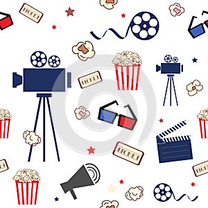 Cinema. Seamless pattern with movie elements in flat style. Camera, tickets, popcorn, glasses, and other