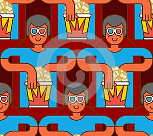 Cinema seamless pattern. Spectator in stereo glasses and popcorn