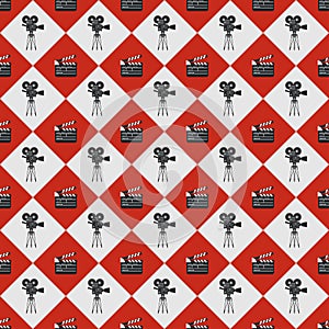 Cinema seamless pattern. Wallpaper with movie camera and clapboard.