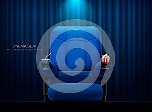 Cinema seat.Theater seat on curtain with spotlight background