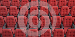 Cinema seats. 3d rendering. Rows armchair closeup.