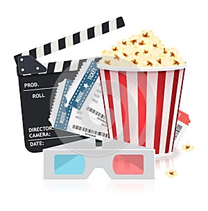 Cinema set with popcorn bucket, tickets, 3d glasses and clapper board. Vector illustration in realistic style.