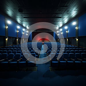 Cinema solitude Empty blue seats in a vacant movie theater