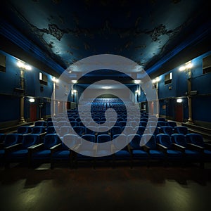Cinema solitude Empty blue seats in a vacant movie theater