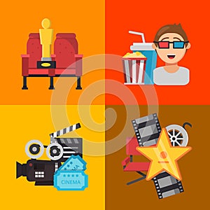 Cinema symbols. movie time colored flat icons type cinema chairs. vector templates set