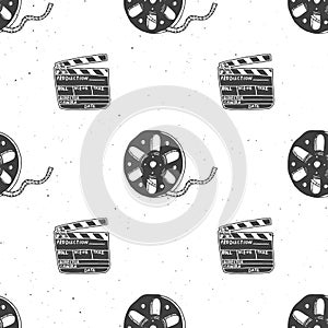 Cinema tape, film reel and clapperboard vintage seamless