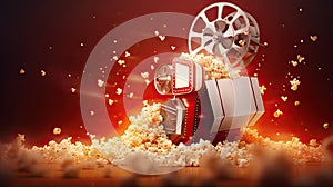 cinema tape, popcorn and film projector on red background