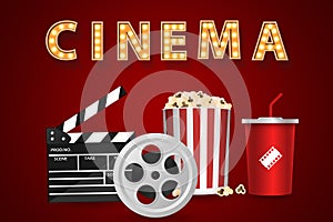 Cinema text with popcorn, drink, and movie attributes - splash and movie tape