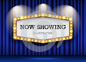 Cinema Theater blue curtains and sign light up design background