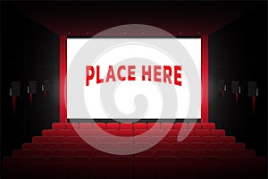 Cinema theater hall graphic vector illustration with nobody and empty seats can place arts on screen