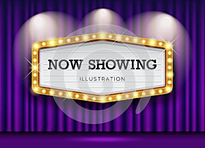 Cinema Theater purple curtains and sign light up design background